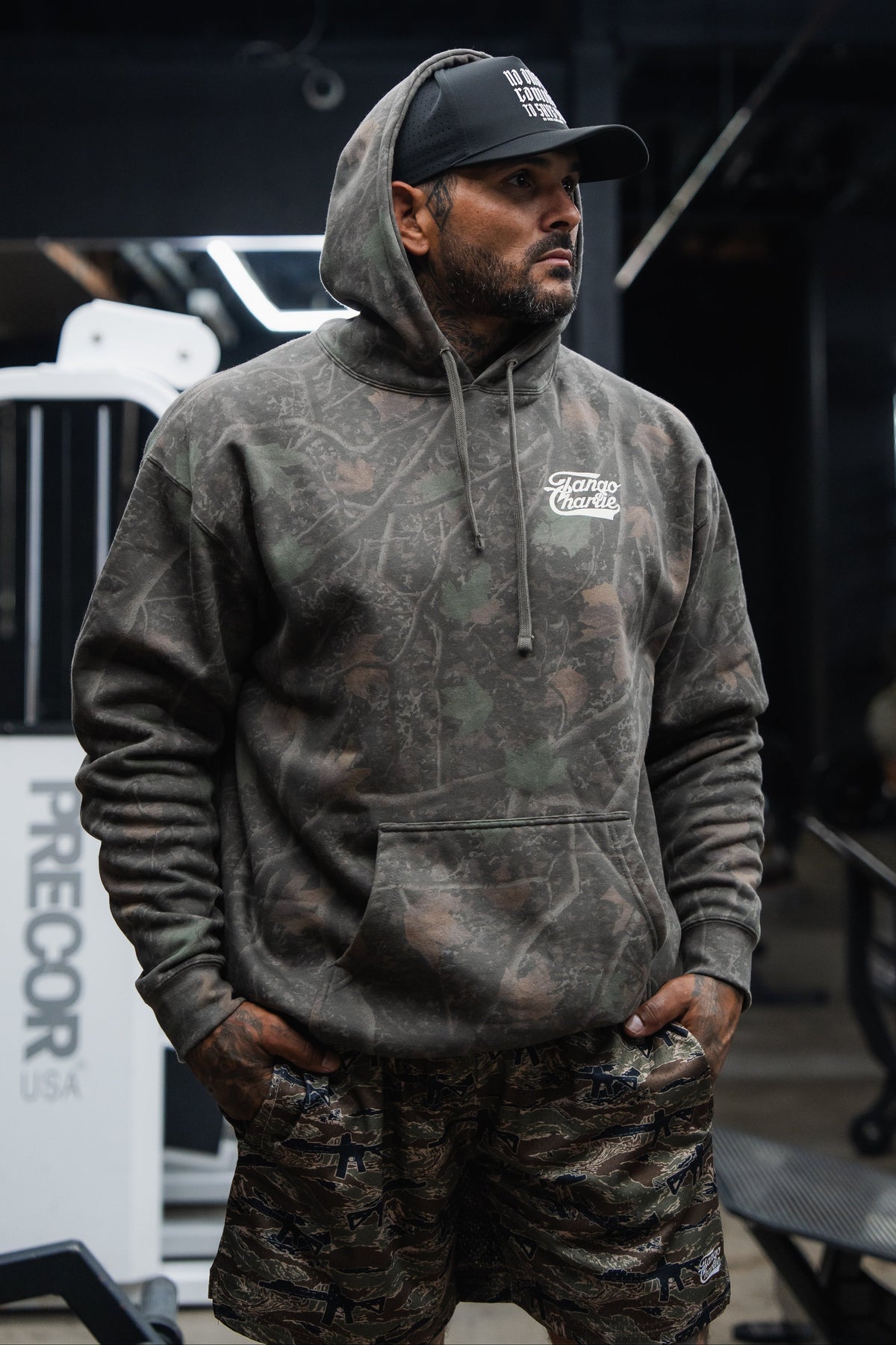 Lift Heavy. Trust God. - Premium Darkwood Camo Hoodie