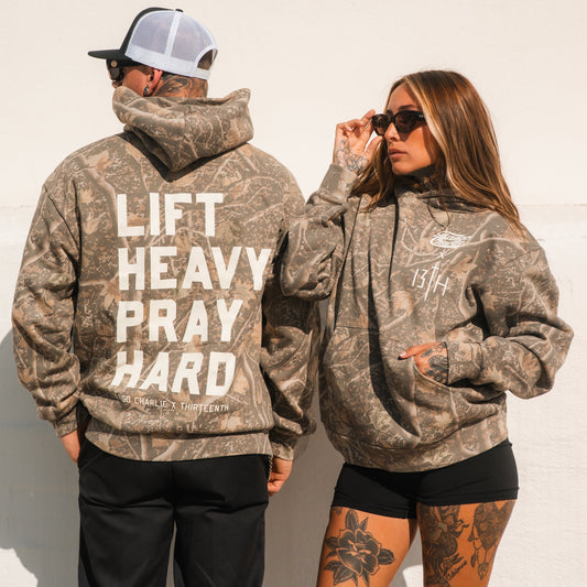 Lift Heavy. Pray Hard. - Premium Deadwood Camo Hoodie